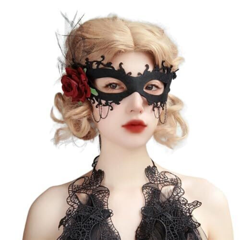 6690 Red Rose Mask Masquerade Party Black Lace Eye Mask Halloween Mardi